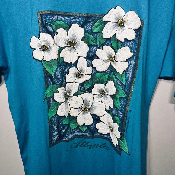 Hanes VTG 90s T Shirt Fifty Fifty Teal Floral  1991 Southern Silk Screen L - Picture 2 of 6